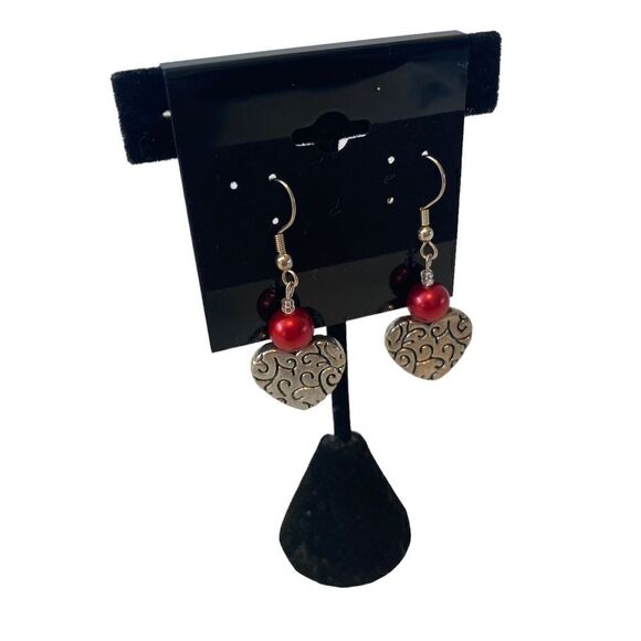 Silver Toned Heart Shaped Earrings w/ Red Bead. - Picture 2 of 5